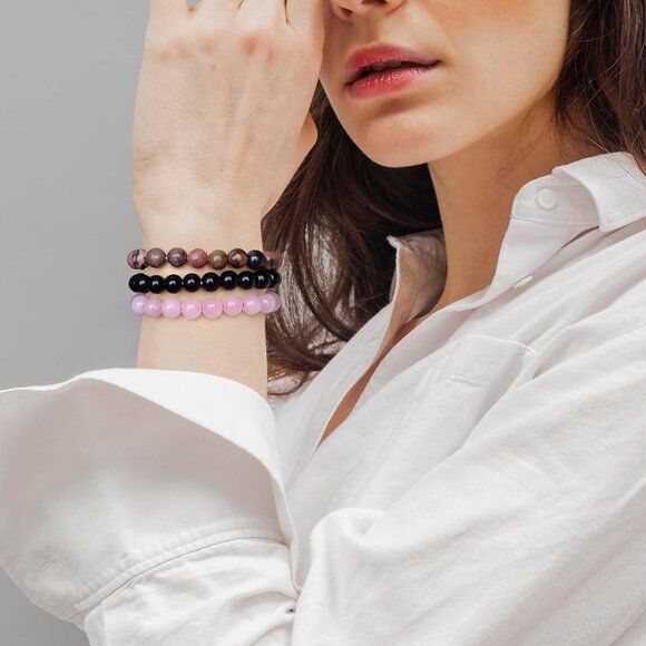 3PCS pink Healing Crystal Natural Stone Beaded Stretch Bracelet for Women - Picture 2 of 6